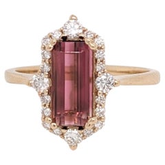 1.48ct Pink Tourmaline Ring w Diamond Halo in 14K Gold Emerald Cut 10x5mm