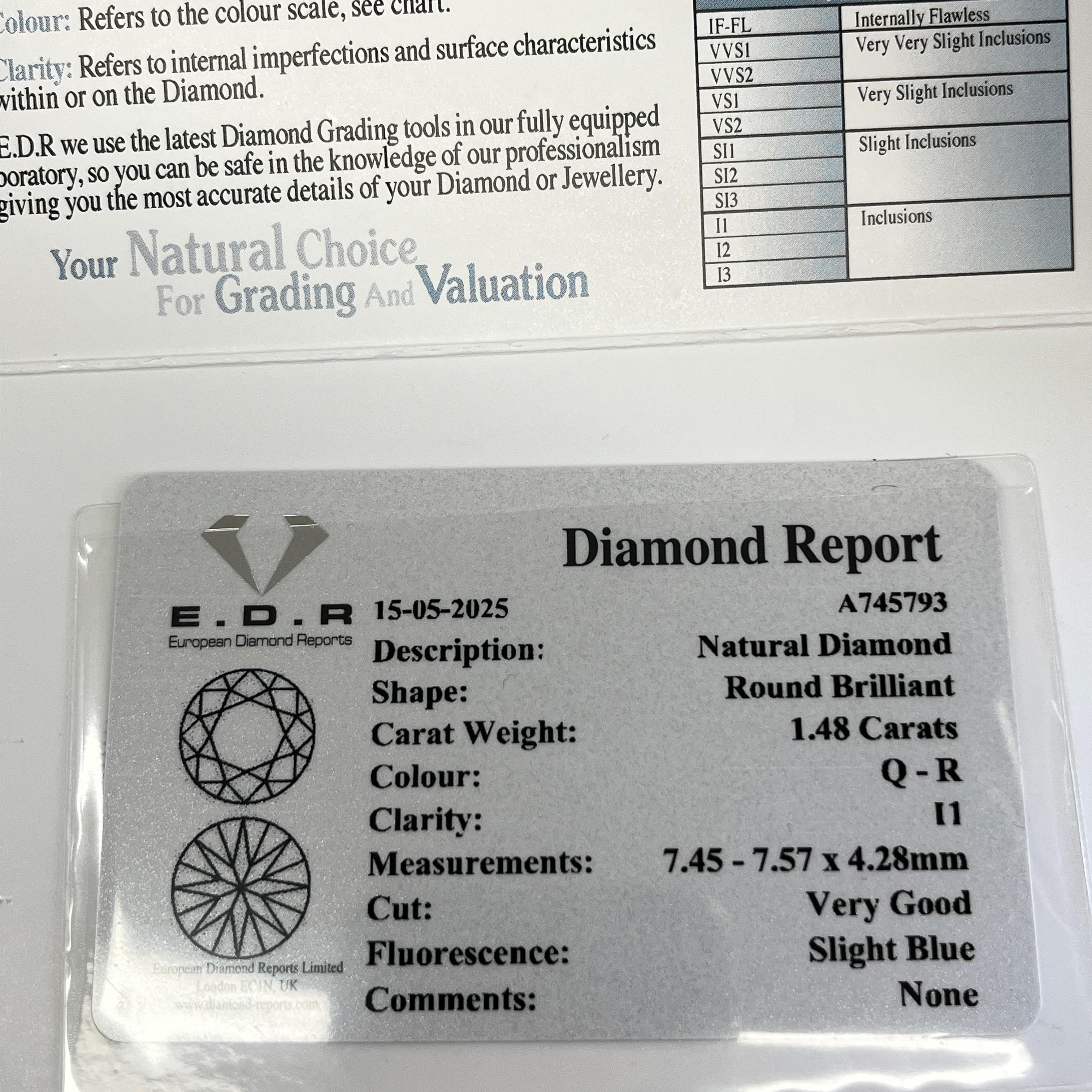 1,48ct Runder Brillantschliff Q-R/I1 Diamantring, gefasst in 18ct Weißgold im Angebot 2