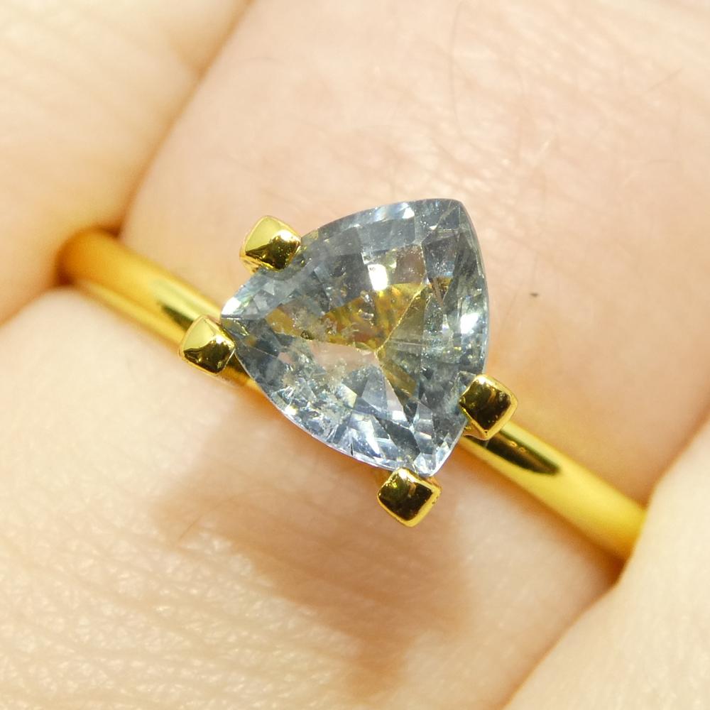 Description:

Gem Type: Sapphire 
Number of Stones: 1
Weight: 1.48 cts
Measurements: 6.86 x 6.79 x 3.96 mm
Shape: Trillion
Cutting Style Crown: Brilliant Cut
Cutting Style Pavilion: Step Cut 
Transparency: Transparent
Clarity: Very Slightly