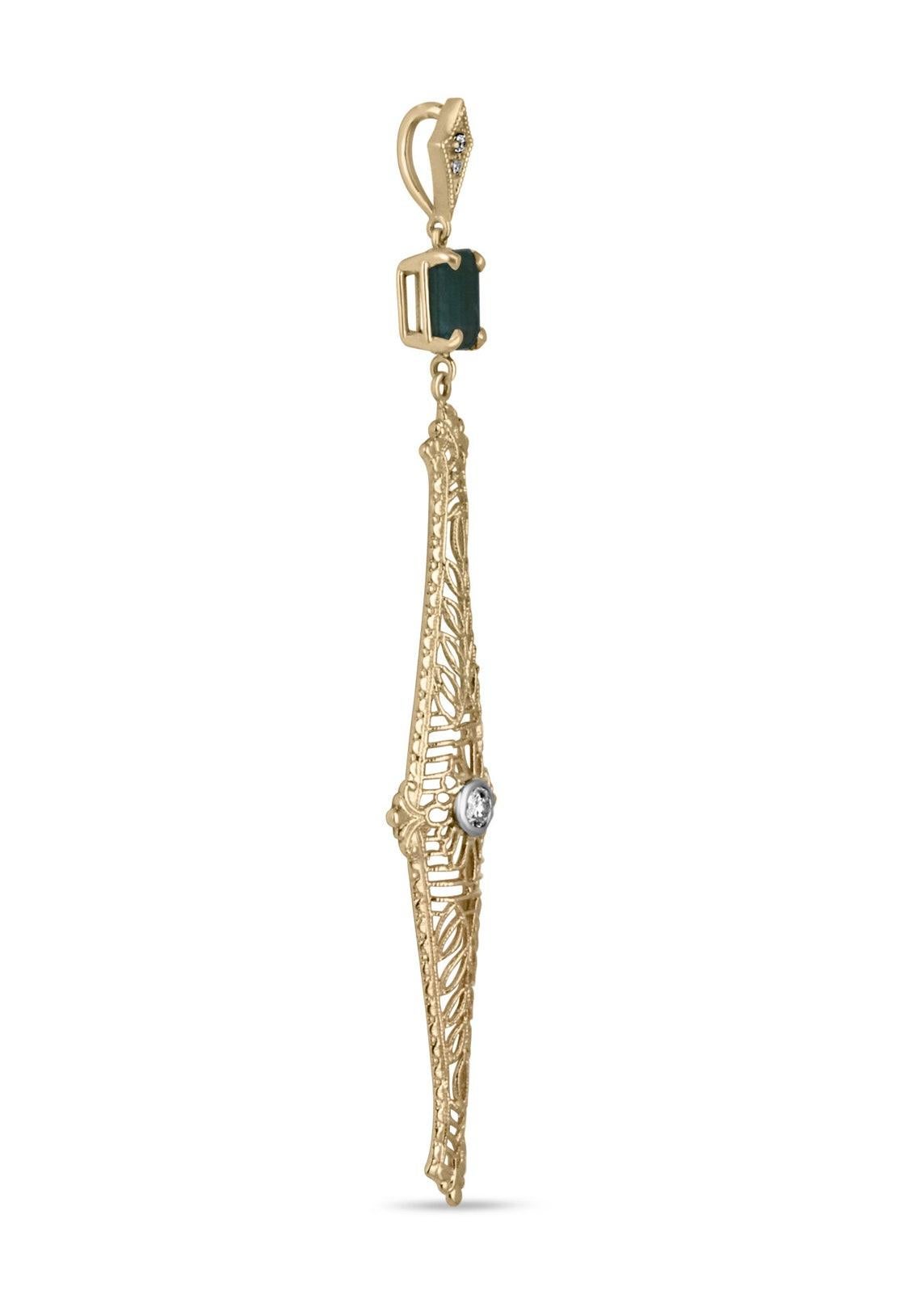 Modern 1.48tcw 14K Emerald & Diamond Edwardian Vintage Pendant Necklace Cut Emerald For Sale