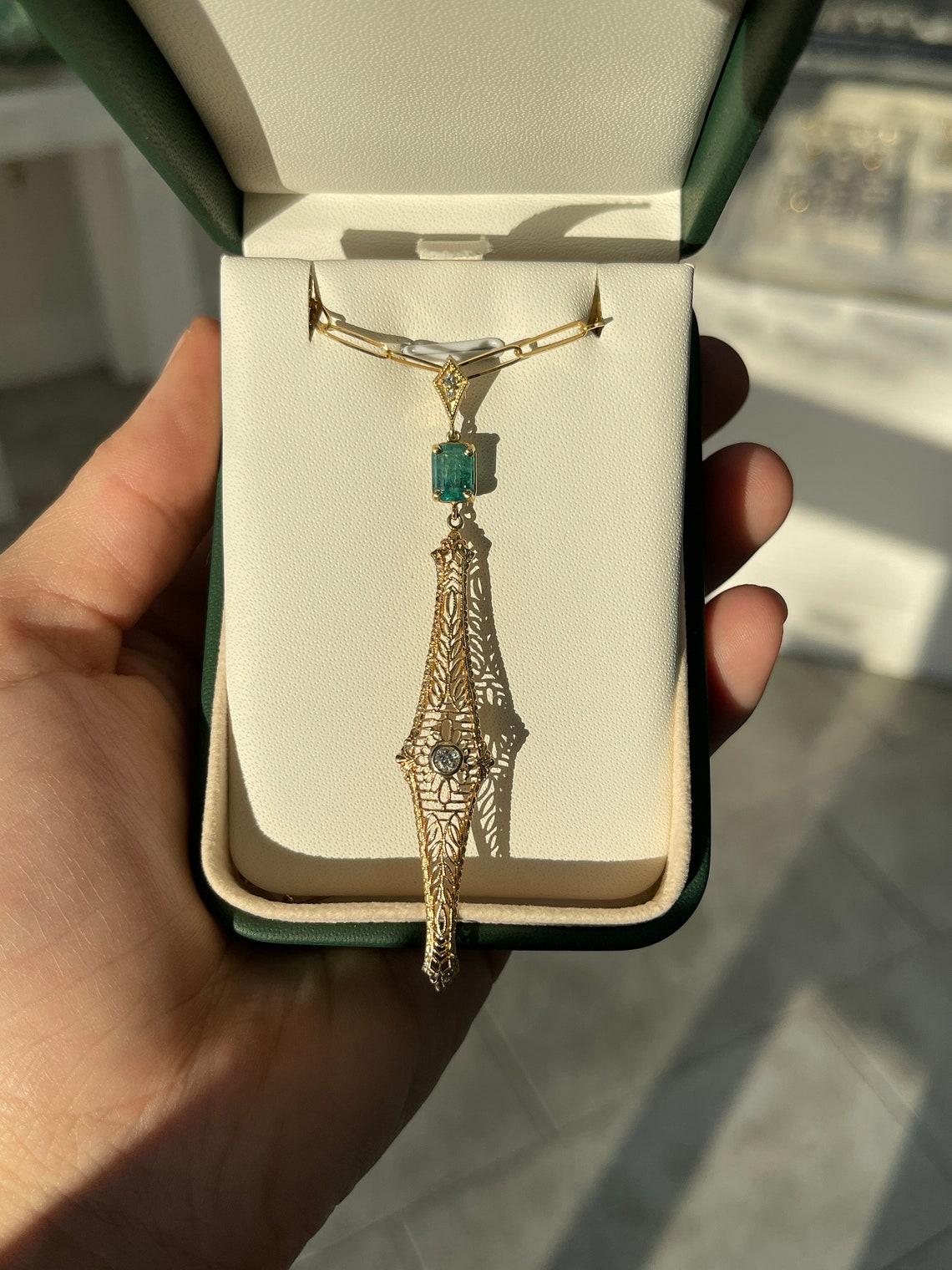Emerald Cut 1.48tcw 14K Emerald & Diamond Edwardian Vintage Pendant Necklace Cut Emerald For Sale
