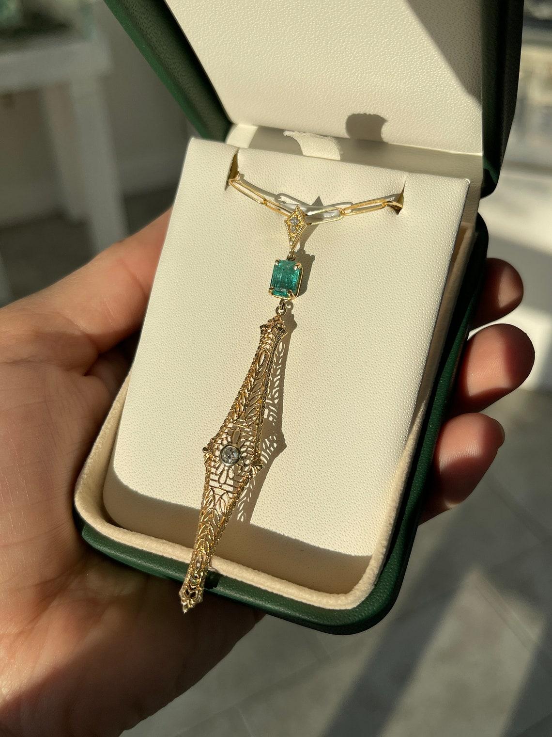 1.48tcw 14K Emerald & Diamond Edwardian Vintage Pendant Necklace Cut Emerald In New Condition For Sale In Jupiter, FL