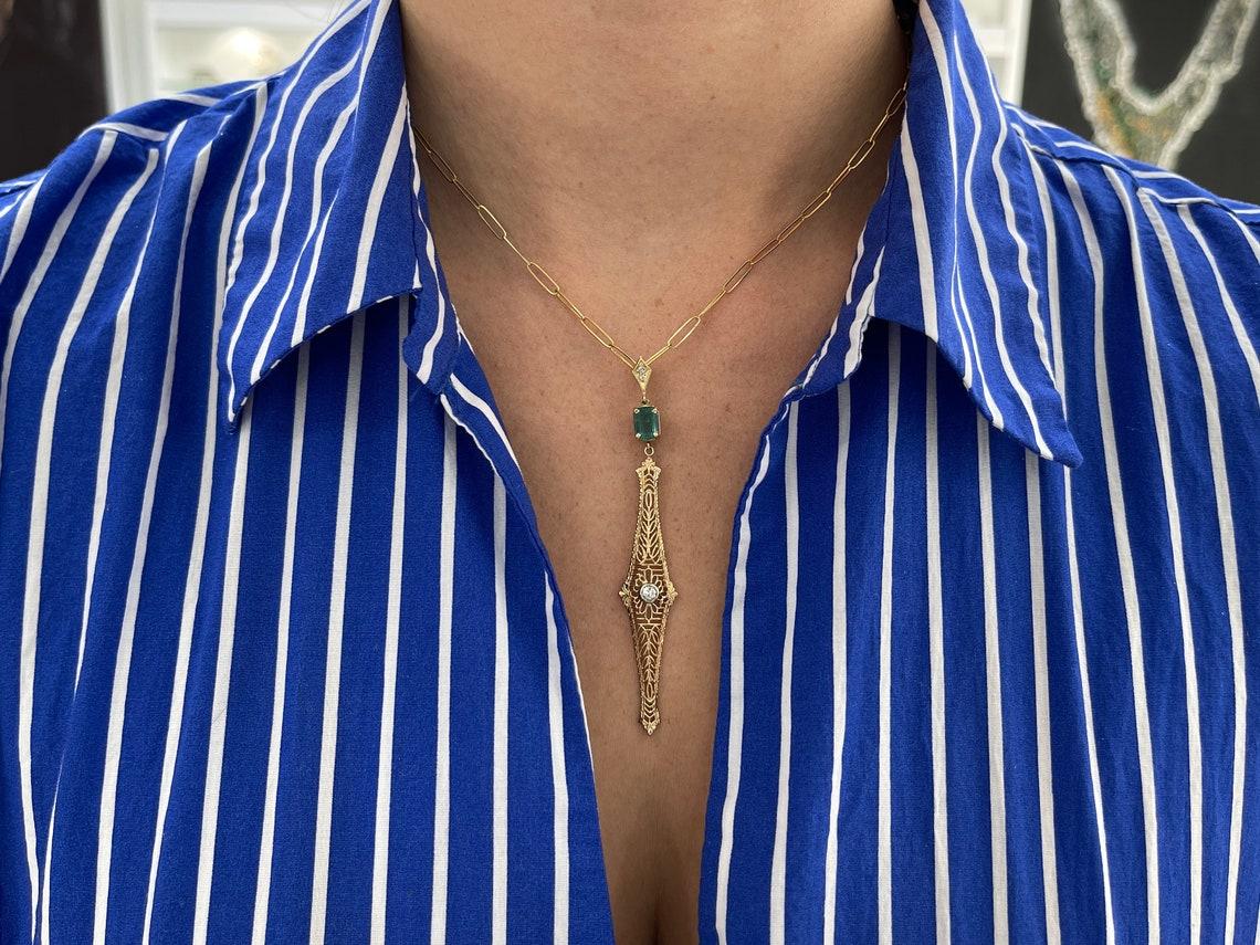 1.48tcw 14K Emerald & Diamond Edwardian Vintage Pendant Necklace Cut Emerald For Sale 1