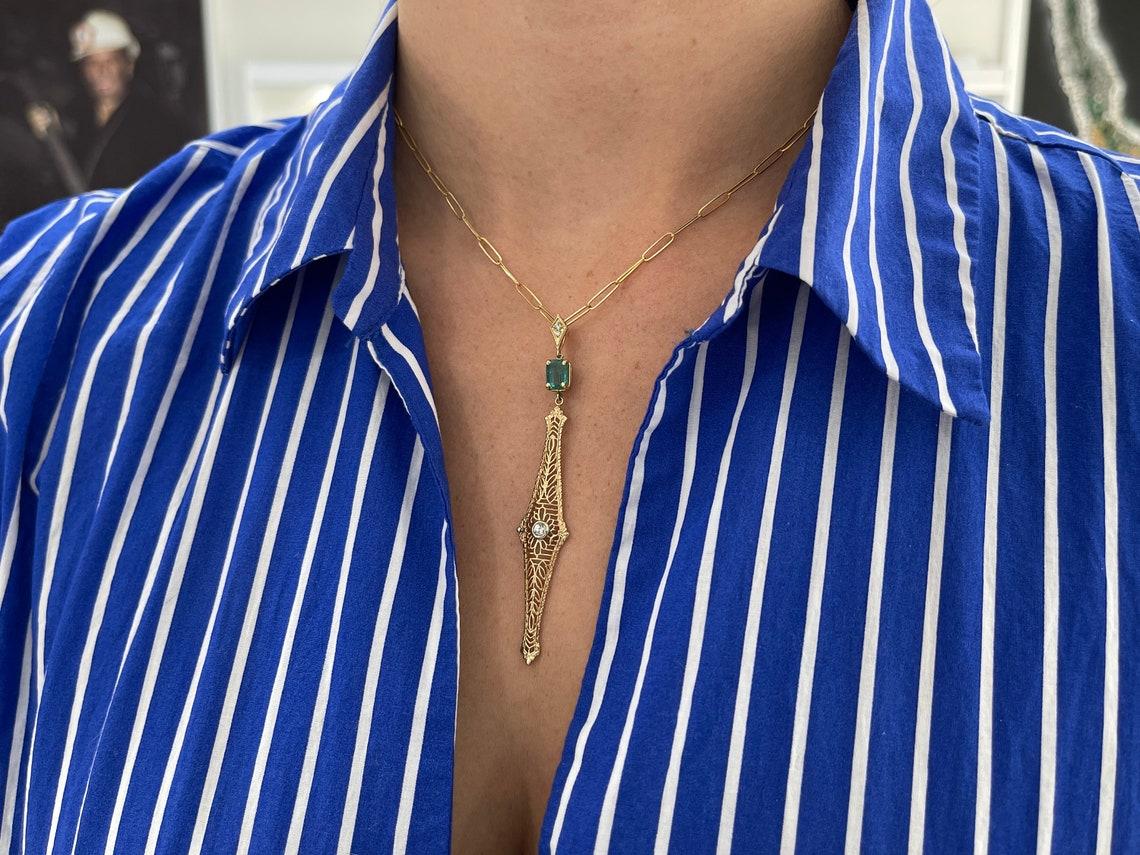 1.48tcw 14K Emerald & Diamond Edwardian Vintage Pendant Necklace Cut Emerald For Sale 2