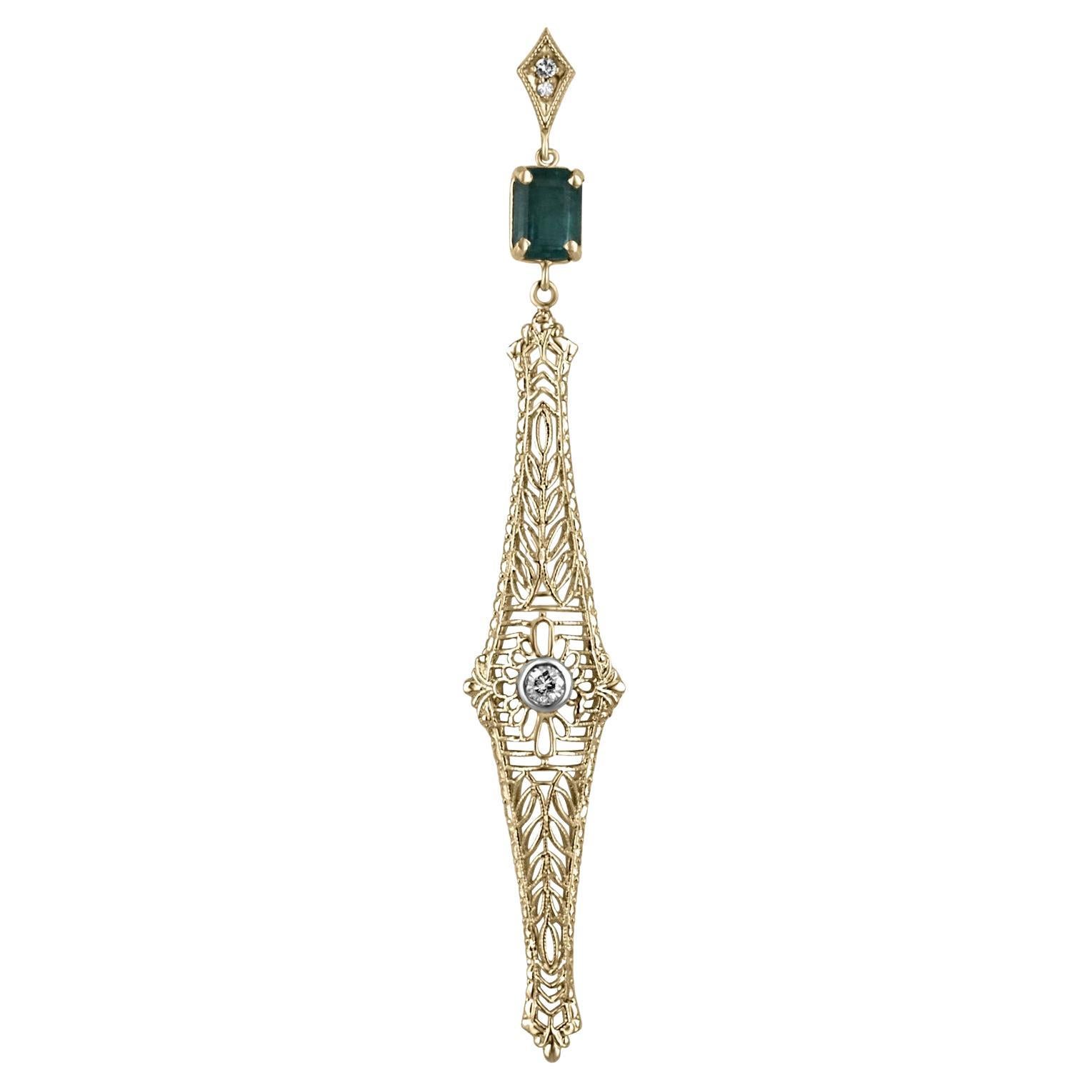 1.48tcw 14K Emerald & Diamond Edwardian Vintage Pendant Necklace Cut Emerald For Sale