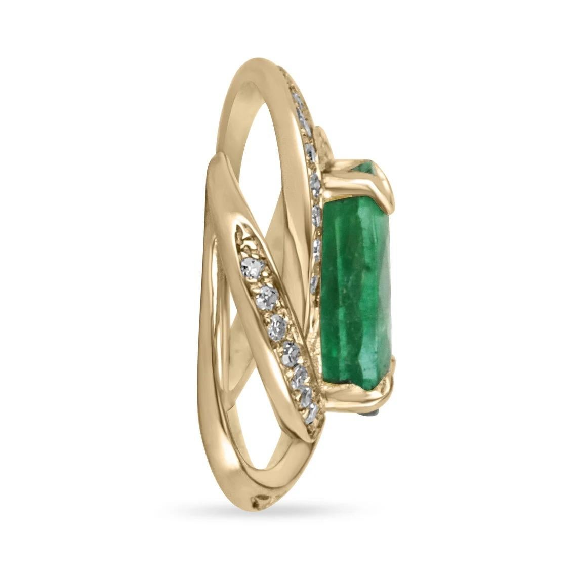 This piece features a remarkable natural oval cut emerald and a unique diamond halo design. The center gemstone has a medium green color with very good clarity and luster. Petite brilliant round cut diamonds intertwine within the stone creating a