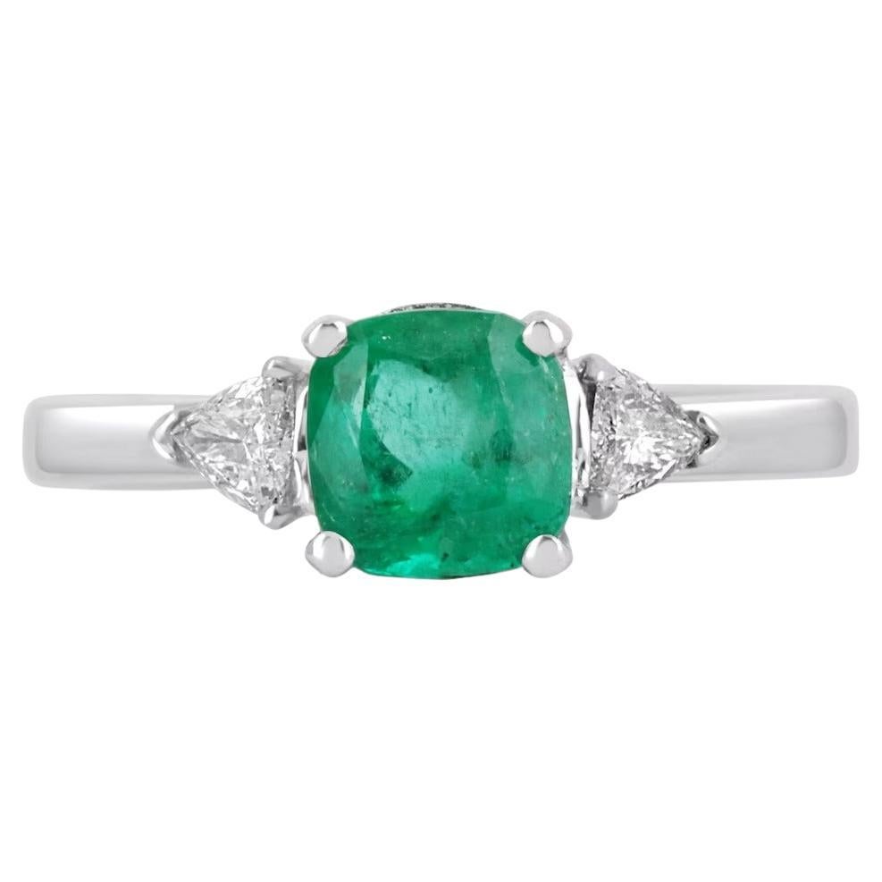 1.48tcw 18K Three Stone Colombian Emerald-Cushion Cut & Diamond Trillion Ring For Sale