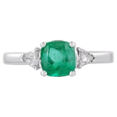 1.48tcw 18K Three Stone Colombian Emerald-Cushion Cut & Diamond Trillion Ring