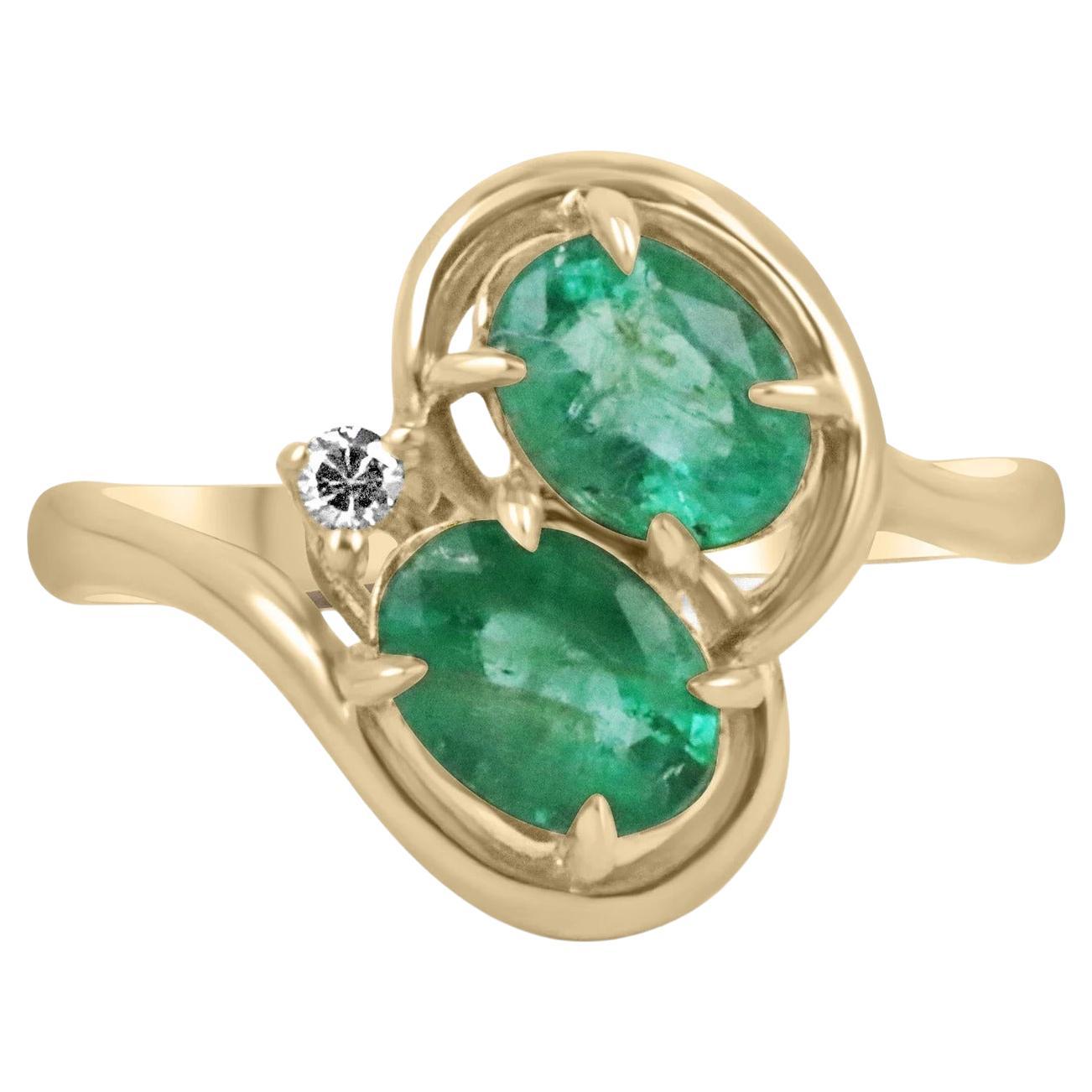 1,48 tcw Esmeralda natural de talla ovalada y acento de diamante Anillo doble y delicado para todos los días 14K