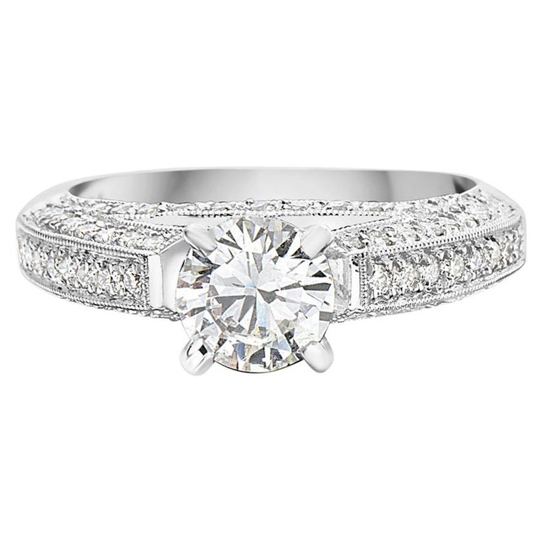 1.49 Carat 18 Karat White Gold Cathedral Pave Setting Engagement Ring For Sale