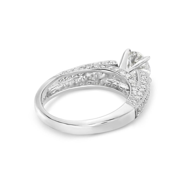 Round Cut 1.49 Carat 18 Karat White Gold Cathedral Pave Setting Engagement Ring For Sale