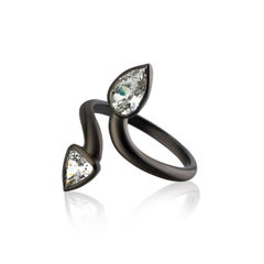 1.49 Carat 2 Old Cut Pear Diamond Ring Set in 18 Karat Blackened Gold