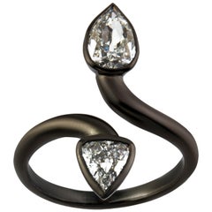1.49 Carat 2 Old Cut Pear Diamond Ring Set in 18 Karat Blackened Gold