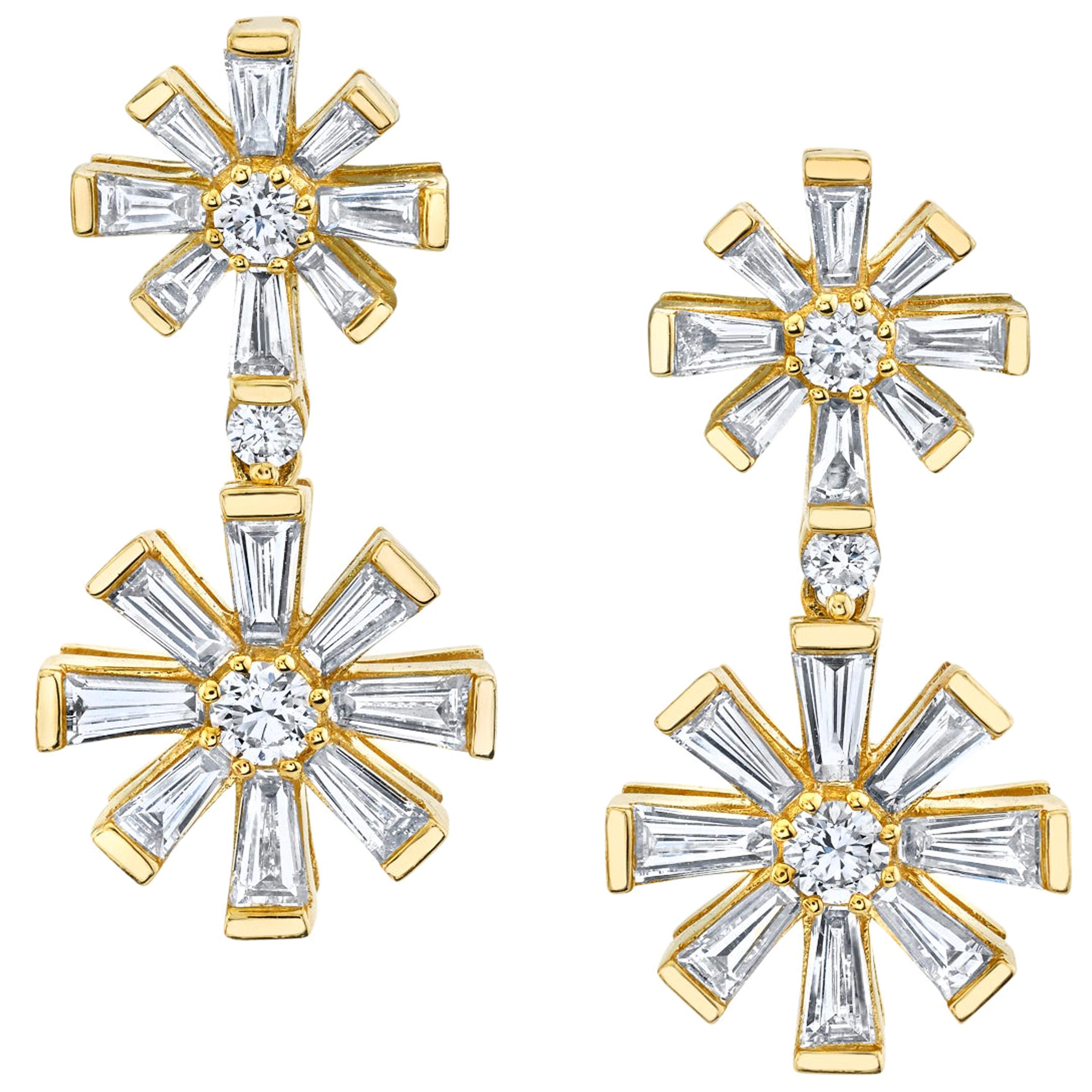 Diamond Double Snowflake Dangle Earrings in Yellow Gold, 1.49 Carat Total For Sale