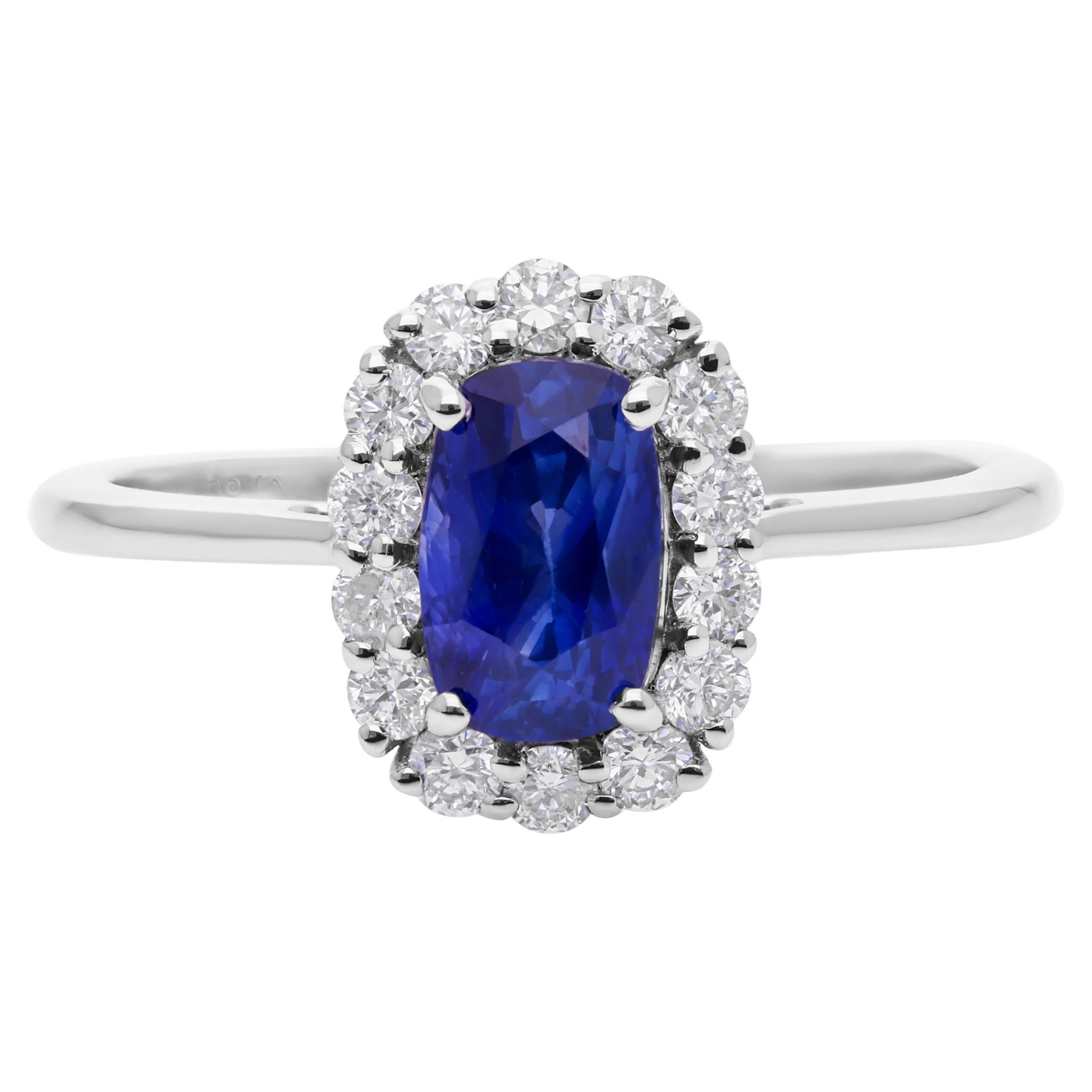 1.49 Carat Blue Sapphire 0.36 Ct SI/H Diamond Ring 18 Karat White Gold Jewelry