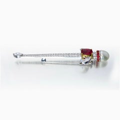 1.49 Carat Burmese No Heat Pigeon Blood Ruby Diamond Brooch with Pearl 18k Gold