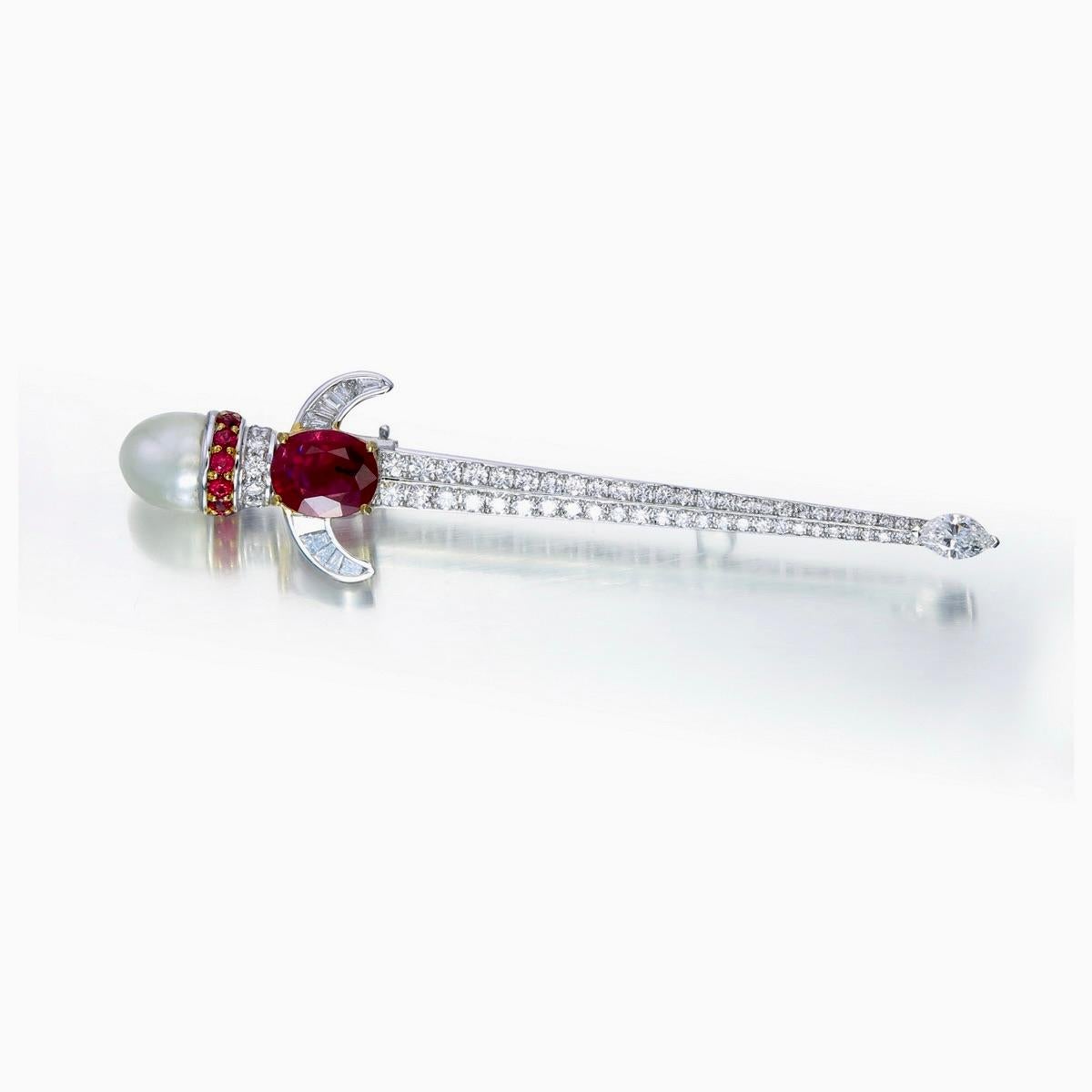 Round Cut 1.49 Carat Burmese No Heat Pigeon Blood Ruby Diamond Brooch with Pearl 18k Gold For Sale