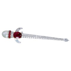 1.49 Carat Burmese No Heat Pigeon Blood Ruby Diamond Brooch with Pearl 18k Gold