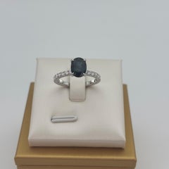 1.49 Carat Deep Forest Teal Sapphire Solitaire Ring Diamond Shoulders 18K White