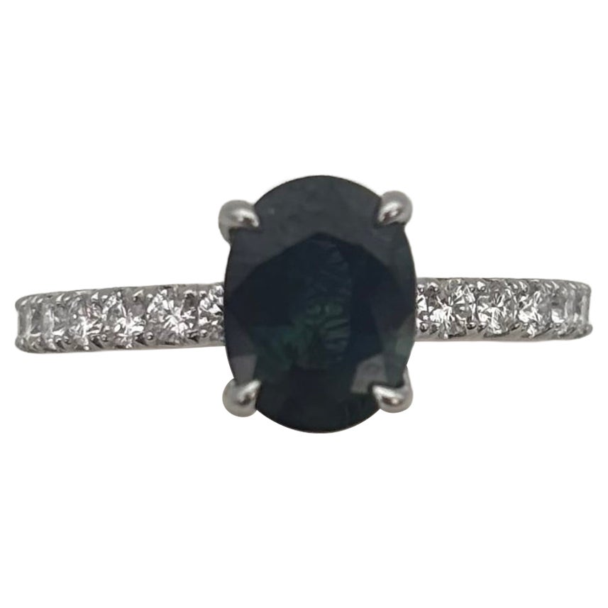 1.49 Carat Deep Forest Teal Sapphire Solitaire Ring Diamond Shoulders 18K White For Sale