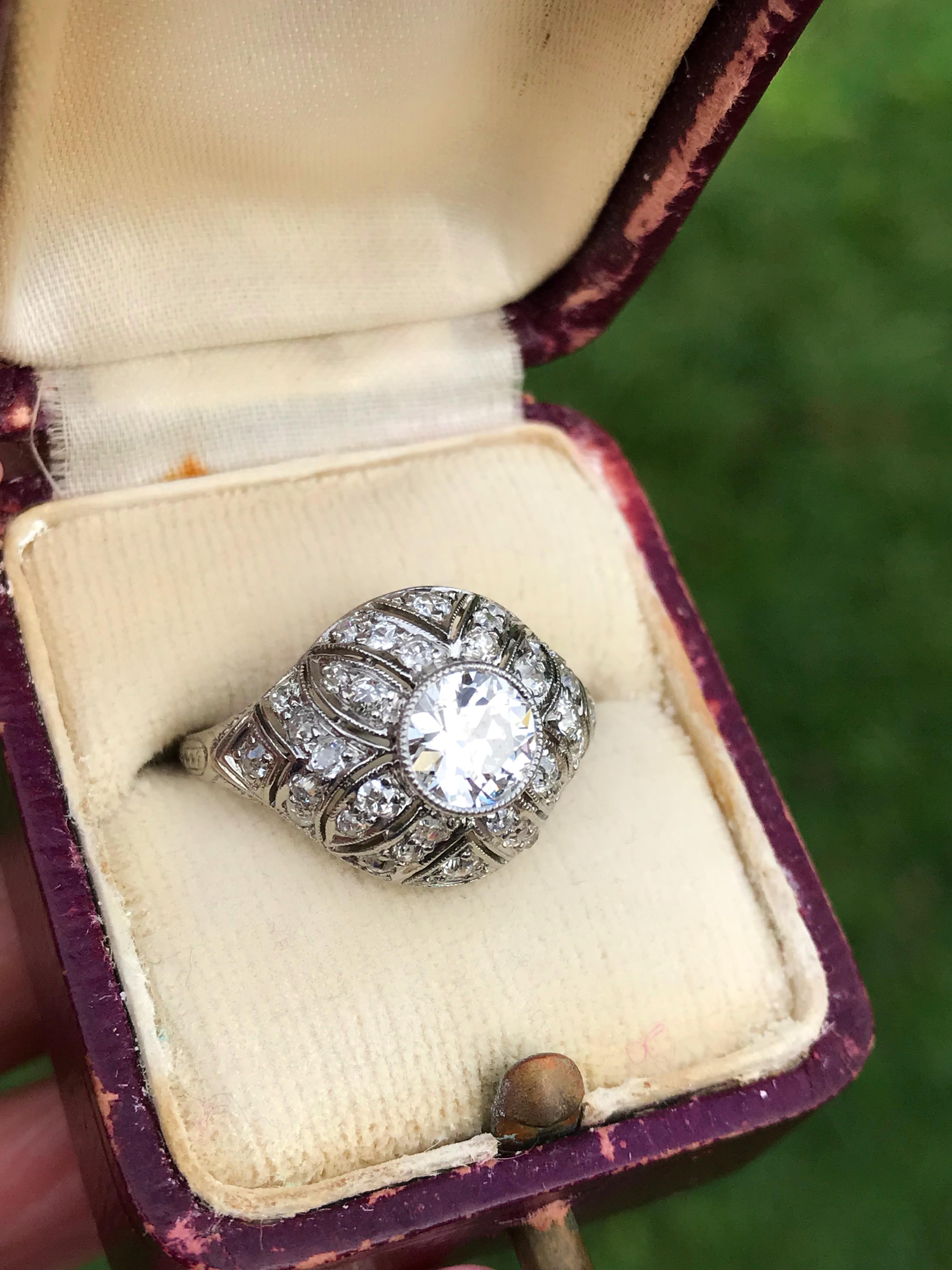 1.49 Carat Diamond Edwardian Filigree Platinum Ring For Sale 11