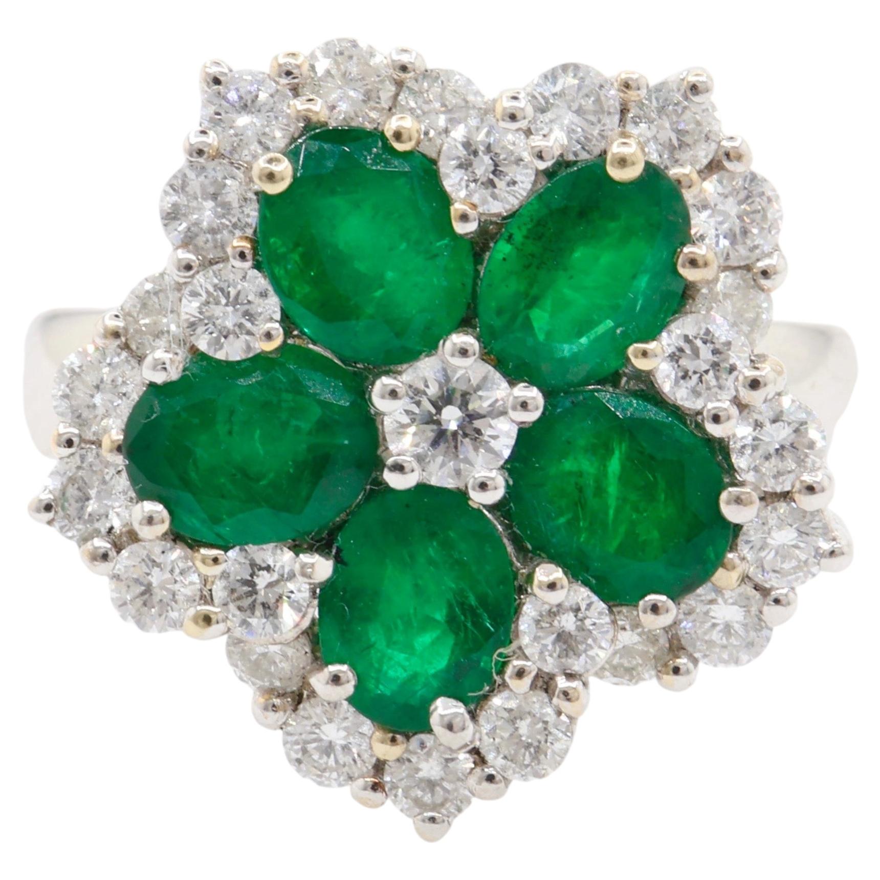 1.49 Carat Emerald and Diamond Flower Cocktail Ring in 18K White Gold
