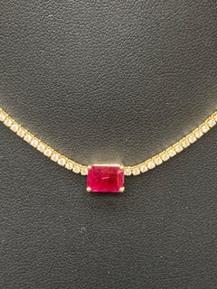 1.49 Carat Emerald Cut Ruby and Diamond Tennis Necklace in 14K Yellow Gold