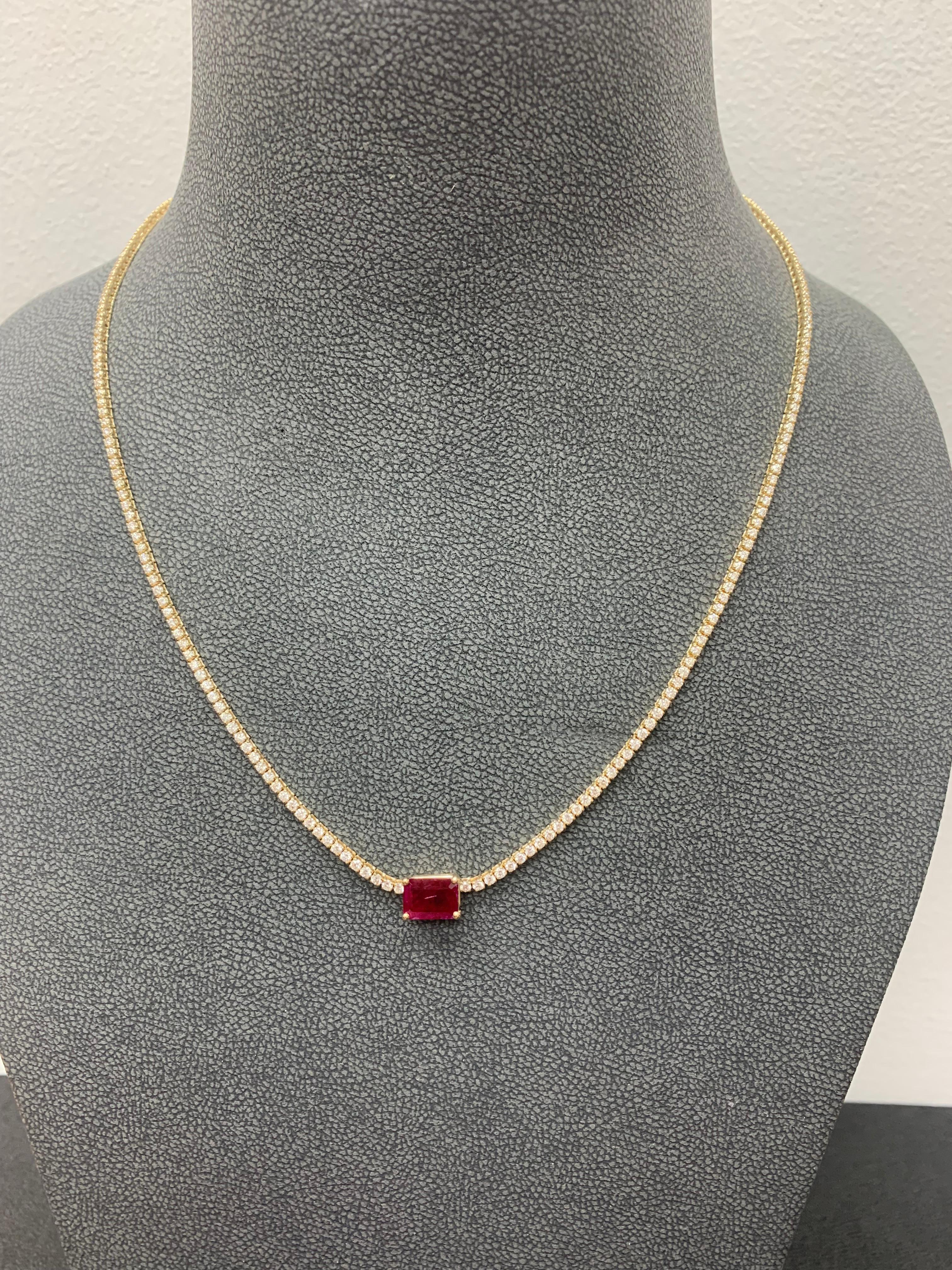 Modern 1.49 Carat Emerald Cut Ruby and Diamond Tennis Necklace in 14K Yellow Gold For Sale