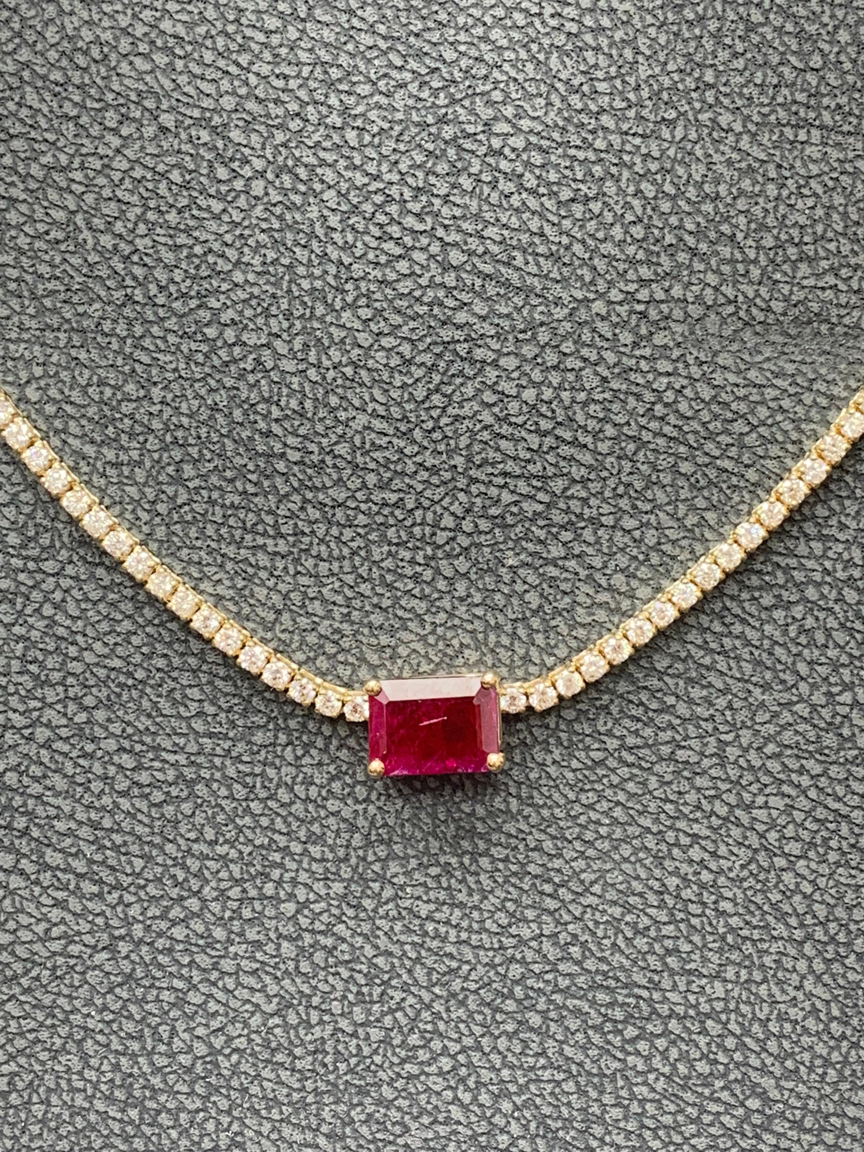 1.49 Carat Emerald Cut Ruby and Diamond Tennis Necklace in 14K Yellow Gold In New Condition For Sale In NEW YORK, NY