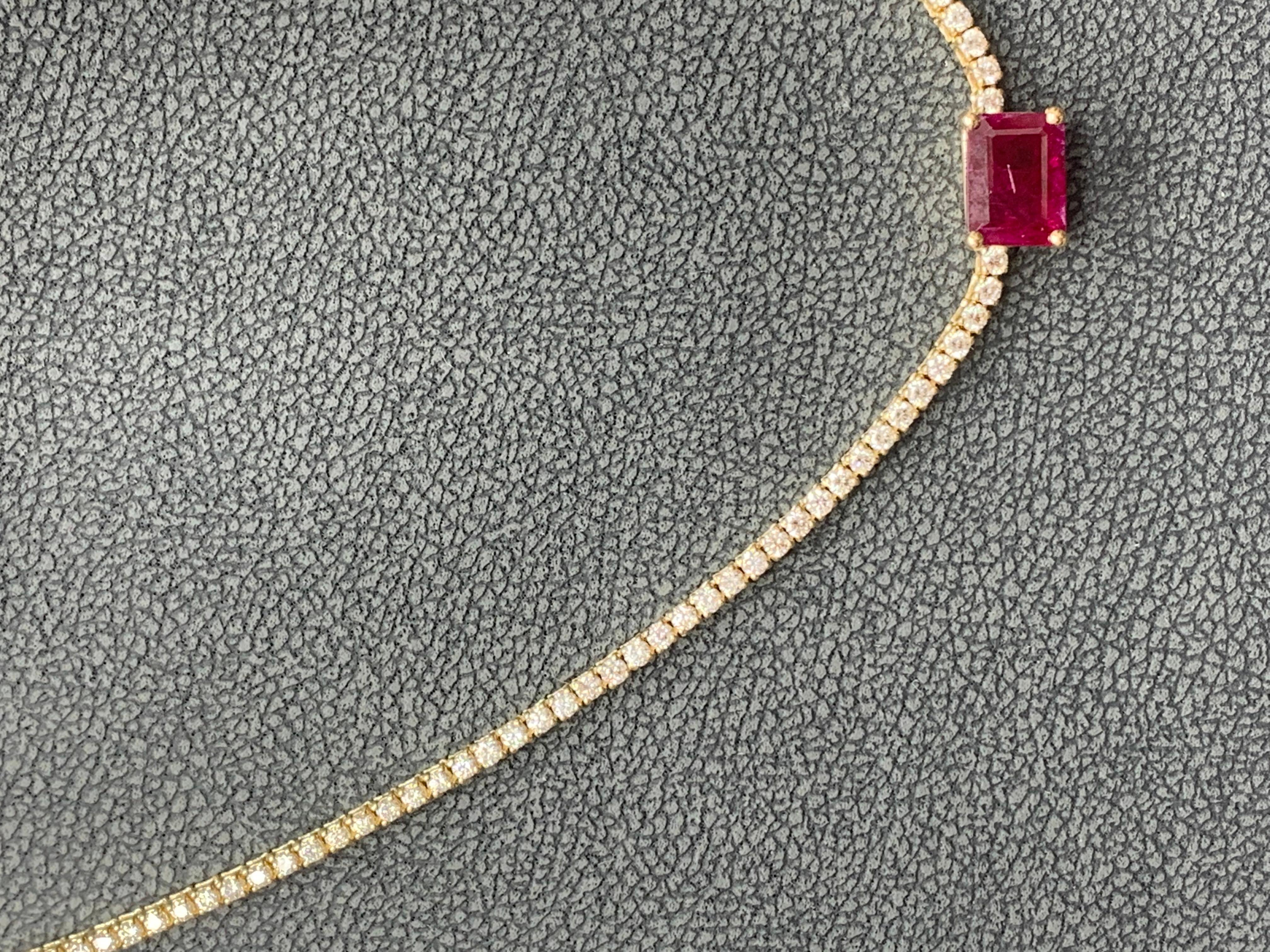 Women's 1.49 Carat Emerald Cut Ruby and Diamond Tennis Necklace in 14K Yellow Gold For Sale