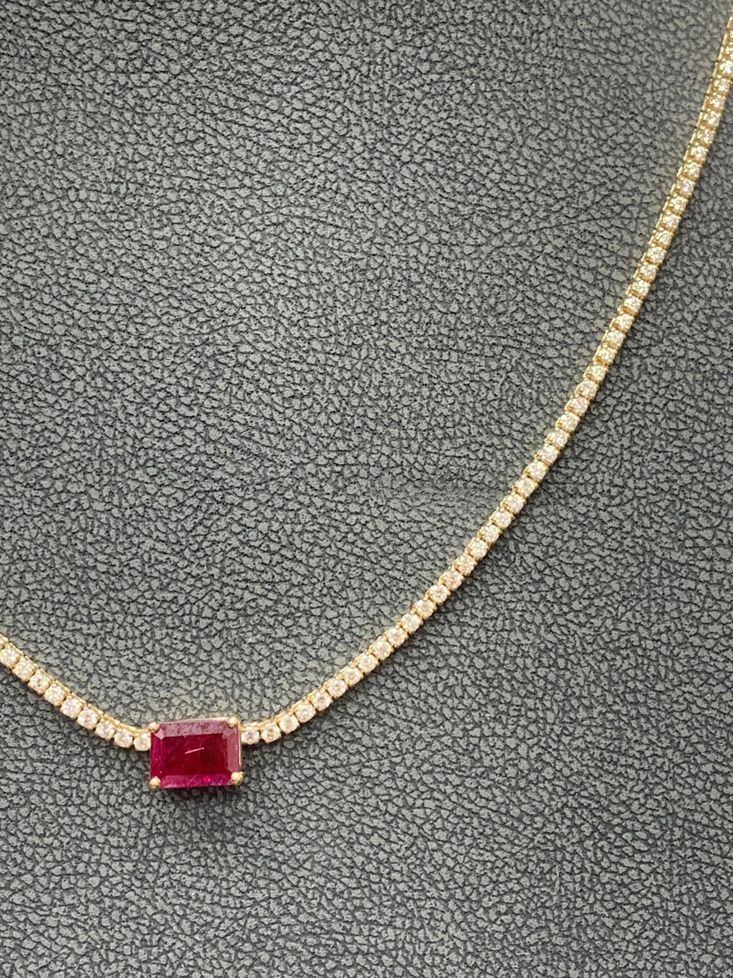 1.49 Carat Emerald Cut Ruby and Diamond Tennis Necklace in 14K Yellow Gold For Sale 1