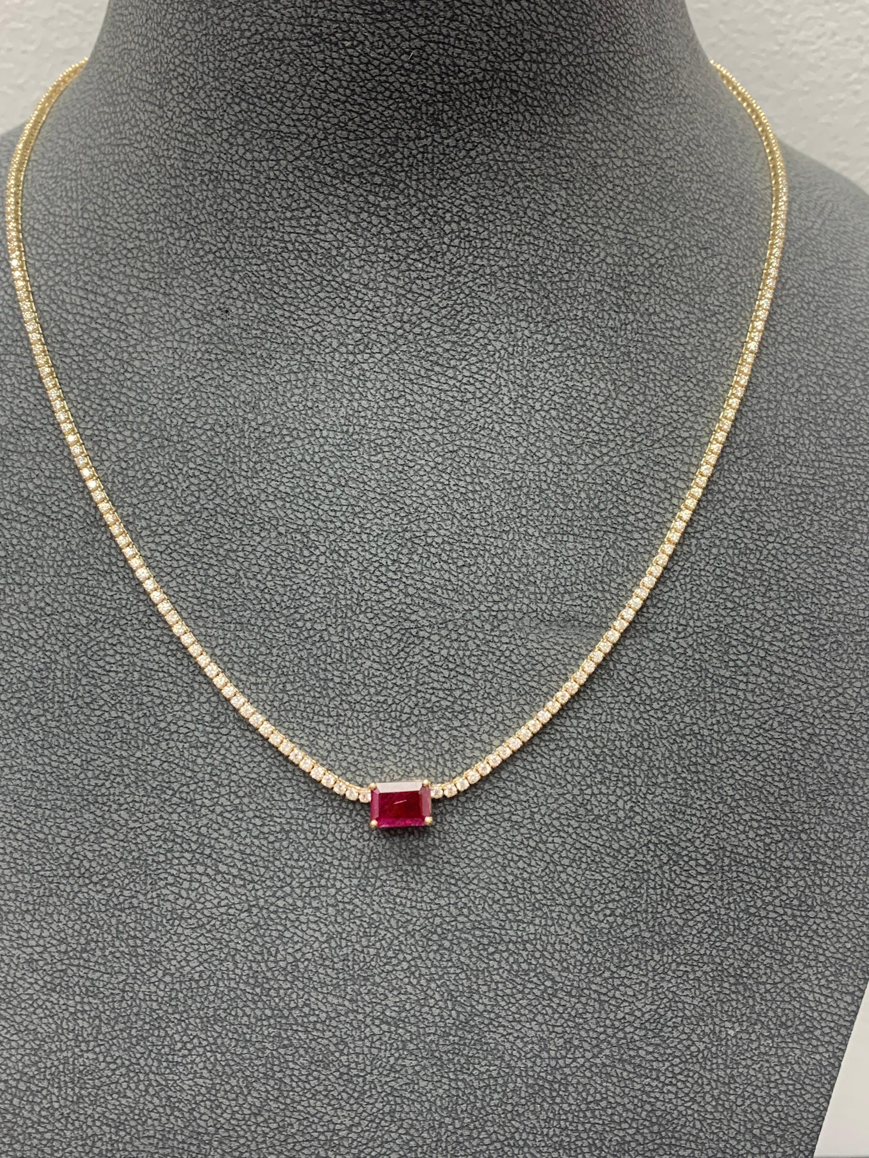 1.49 Carat Emerald Cut Ruby and Diamond Tennis Necklace in 14K Yellow Gold For Sale 2