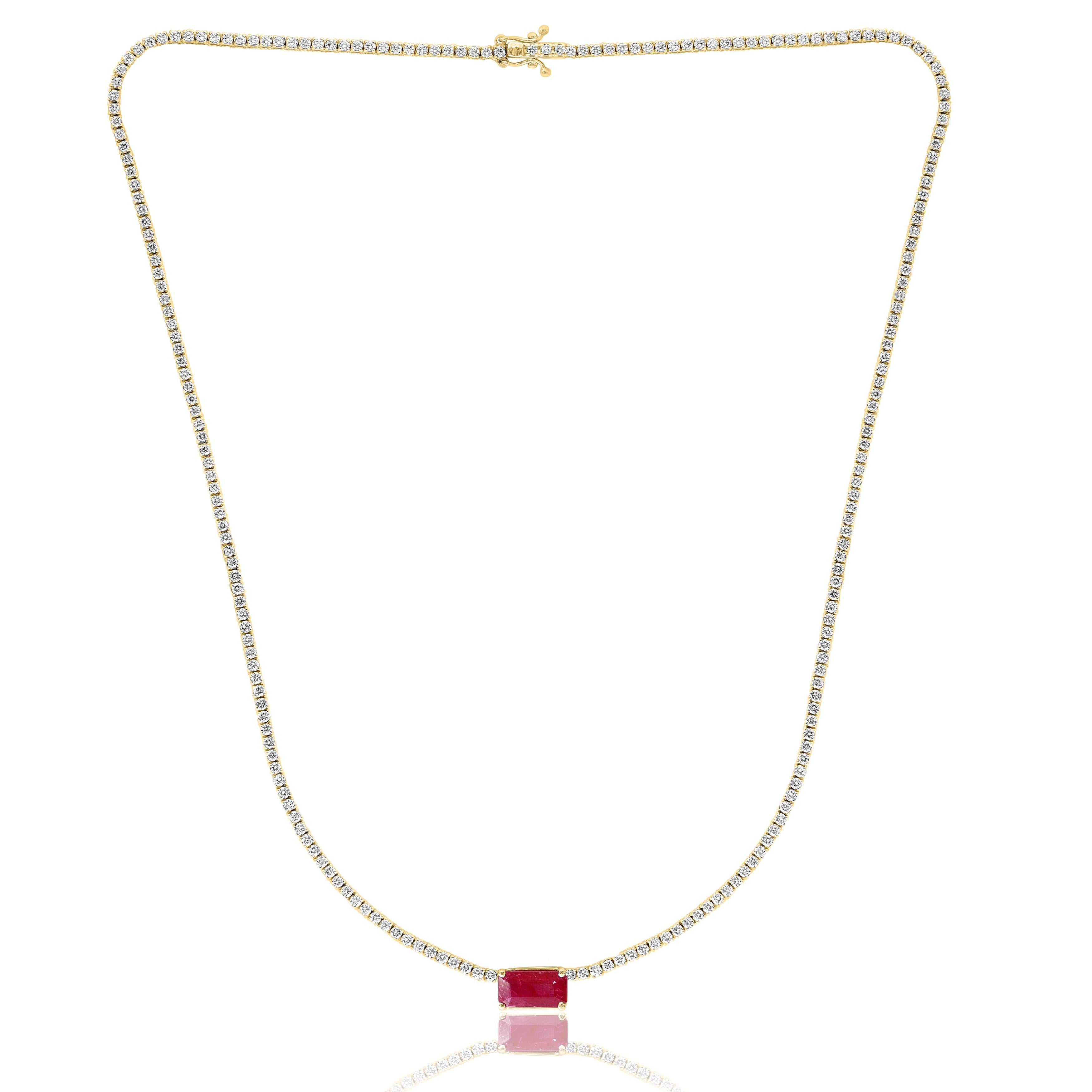 1.49 Carat Emerald Cut Ruby and Diamond Tennis Necklace in 14K Yellow Gold For Sale