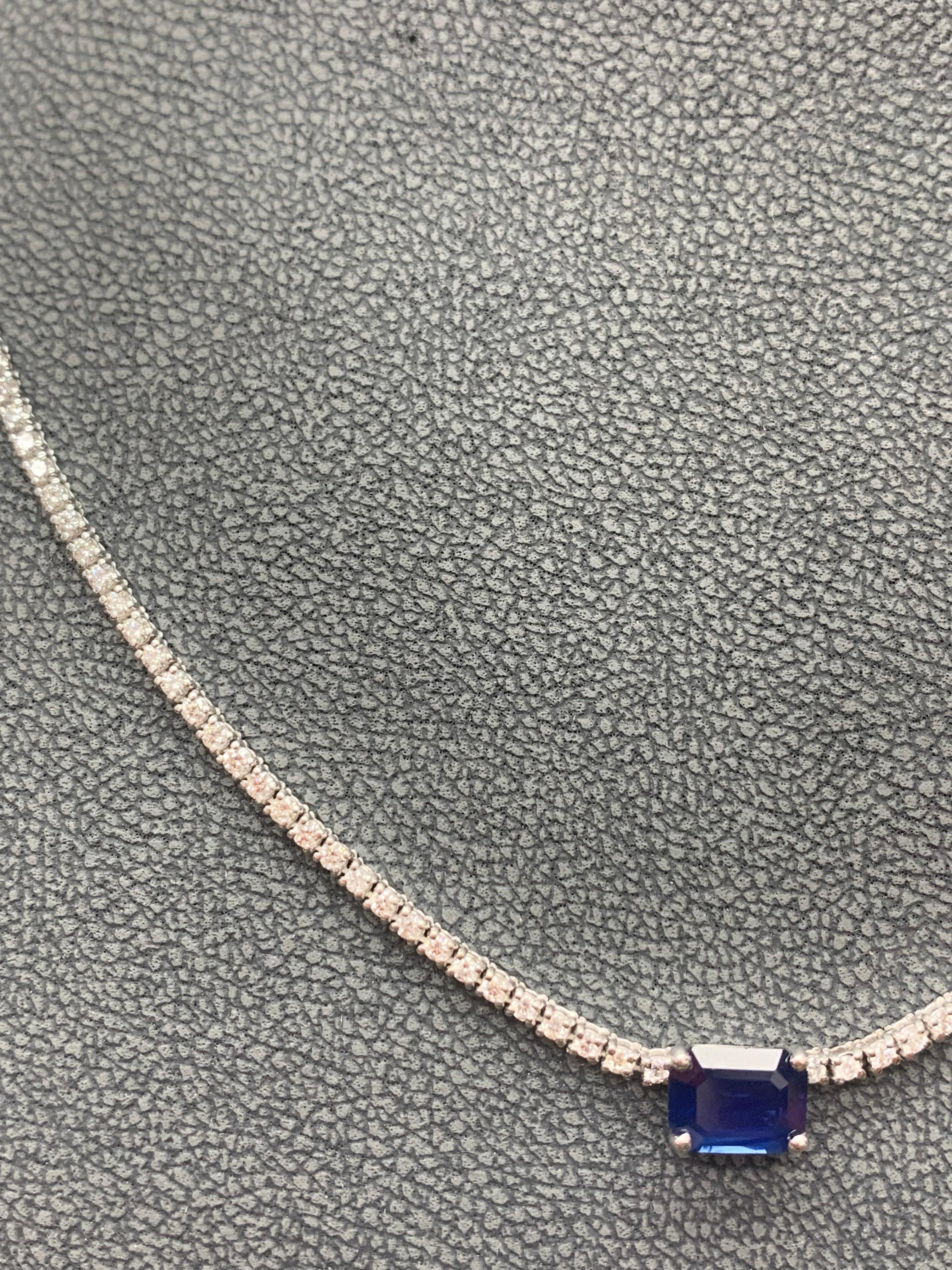 Modern 1.49 Carat Emerald cut Sapphire and Diamond Tennis Necklace in 14K White Gold For Sale