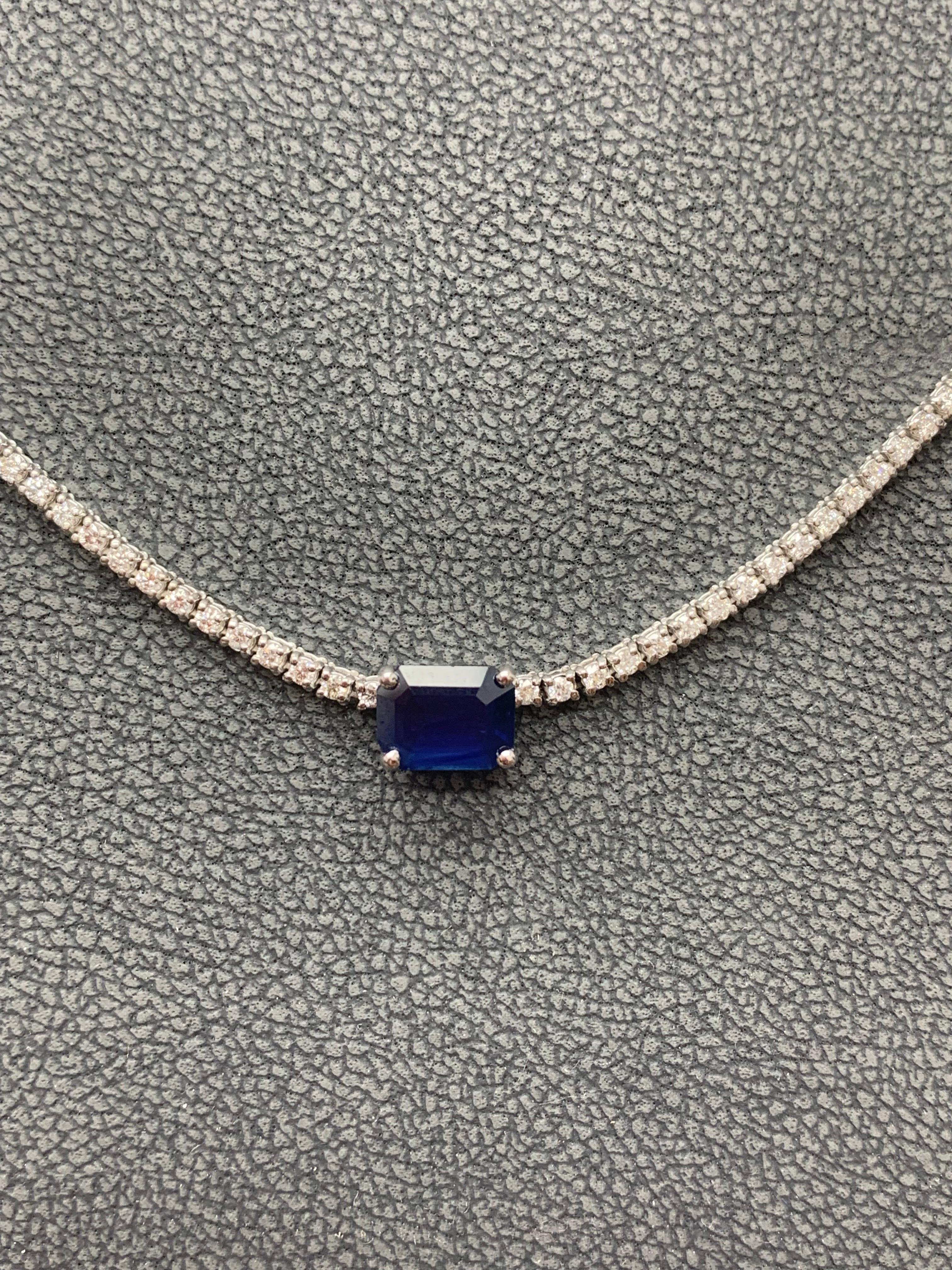 1.49 Carat Emerald cut Sapphire and Diamond Tennis Necklace in 14K White Gold In New Condition For Sale In NEW YORK, NY