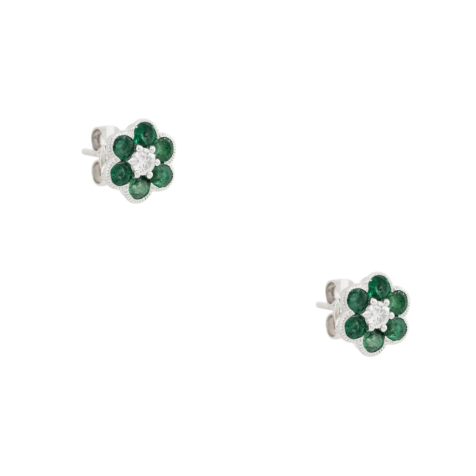 Modern 1.49 Carat Emerald & Diamond Flower Earrings 18 Karat In Stock For Sale