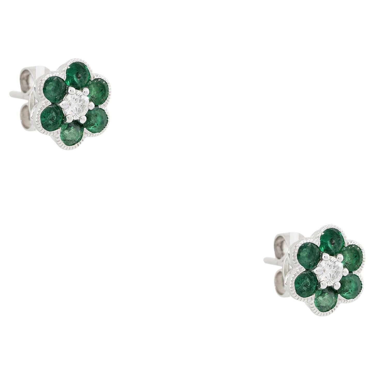 1.49 Carat Emerald & Diamond Flower Earrings 18 Karat In Stock For Sale