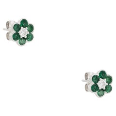 1.49 Carat Emerald & Diamond Flower Earrings 18 Karat In Stock