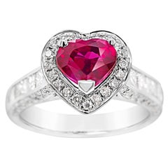 1.49 Carat Heart Shaped Certified Untreated Ruby & 1.05ct Diamond 18 Karat Ring
