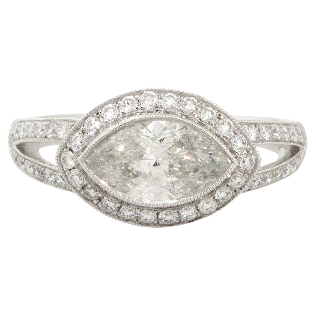 1.49 Carat Marquise Cut Halo Engagement Platinum in Stock For Sale