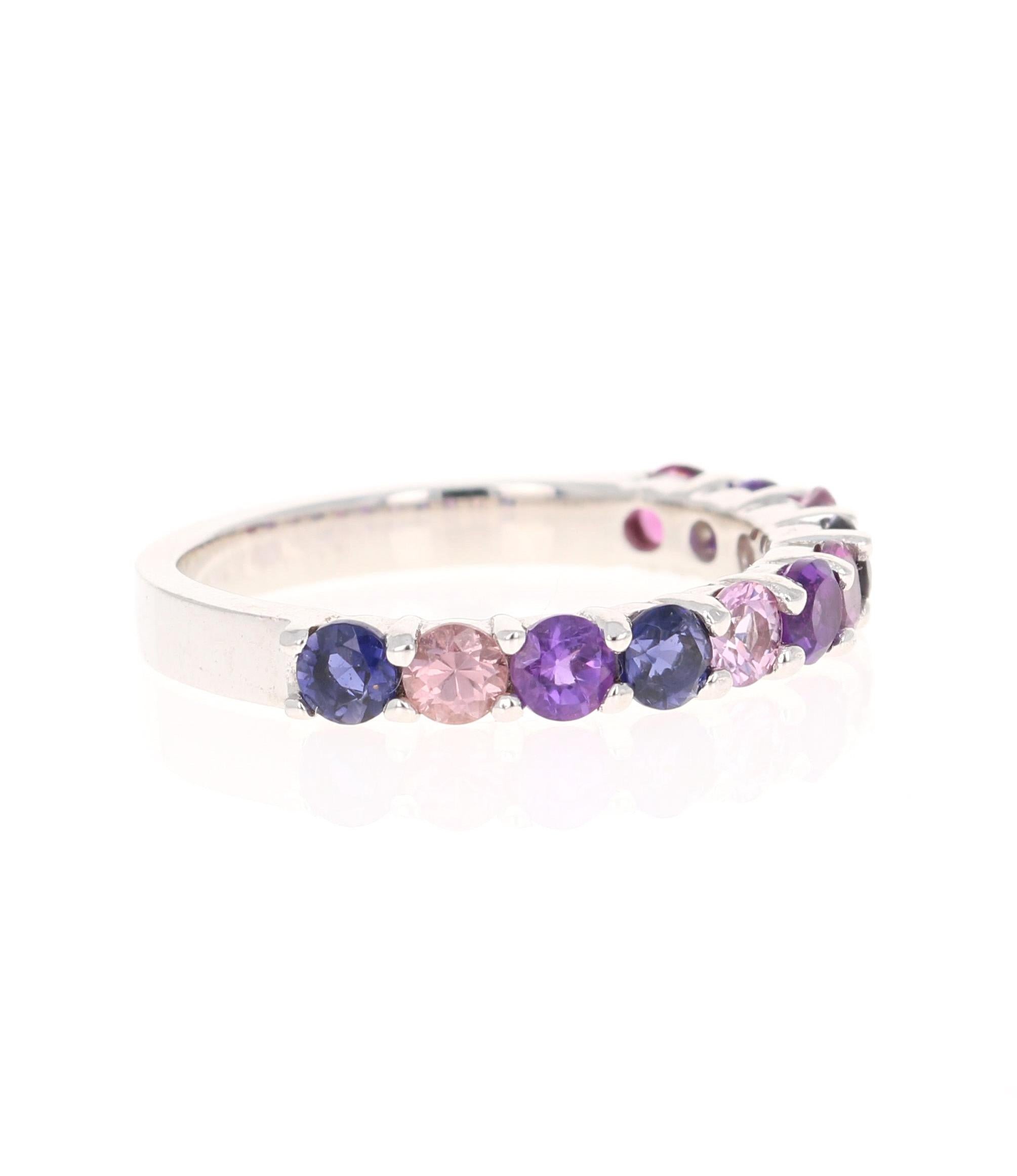 There are 11 Multicolored Genuine Gemstones in this band that weighs 1.49 Carats. The band has a mixture of Pink Sapphires, Amethysts and Purple Garnets!
It is perfect for everyday wear and looks amazing stacked or alone. They are versatile and can