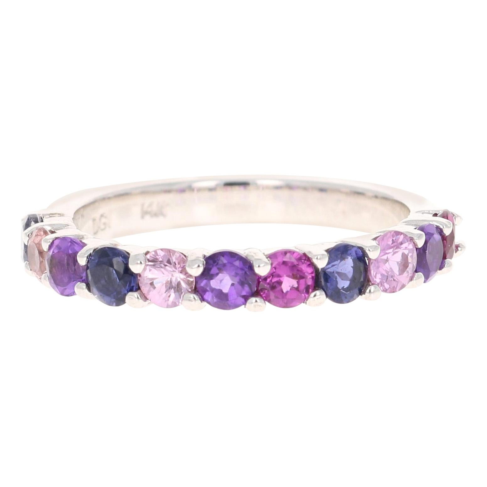 1.49 Carat Multicolored Gemstone 14 Karat White Gold Stackable Band