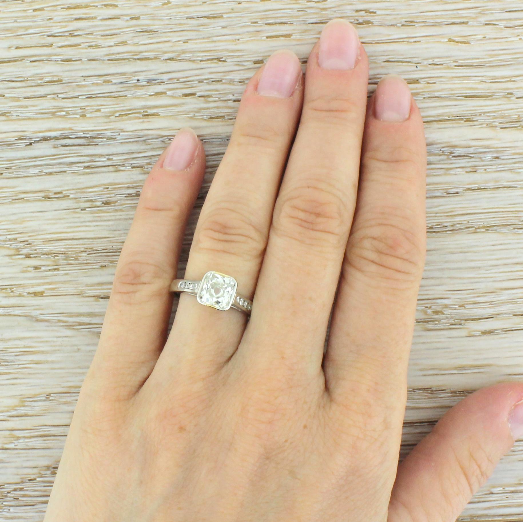 1.49 Carat Old Cut Diamond Platinum Engagement Ring For Sale 1