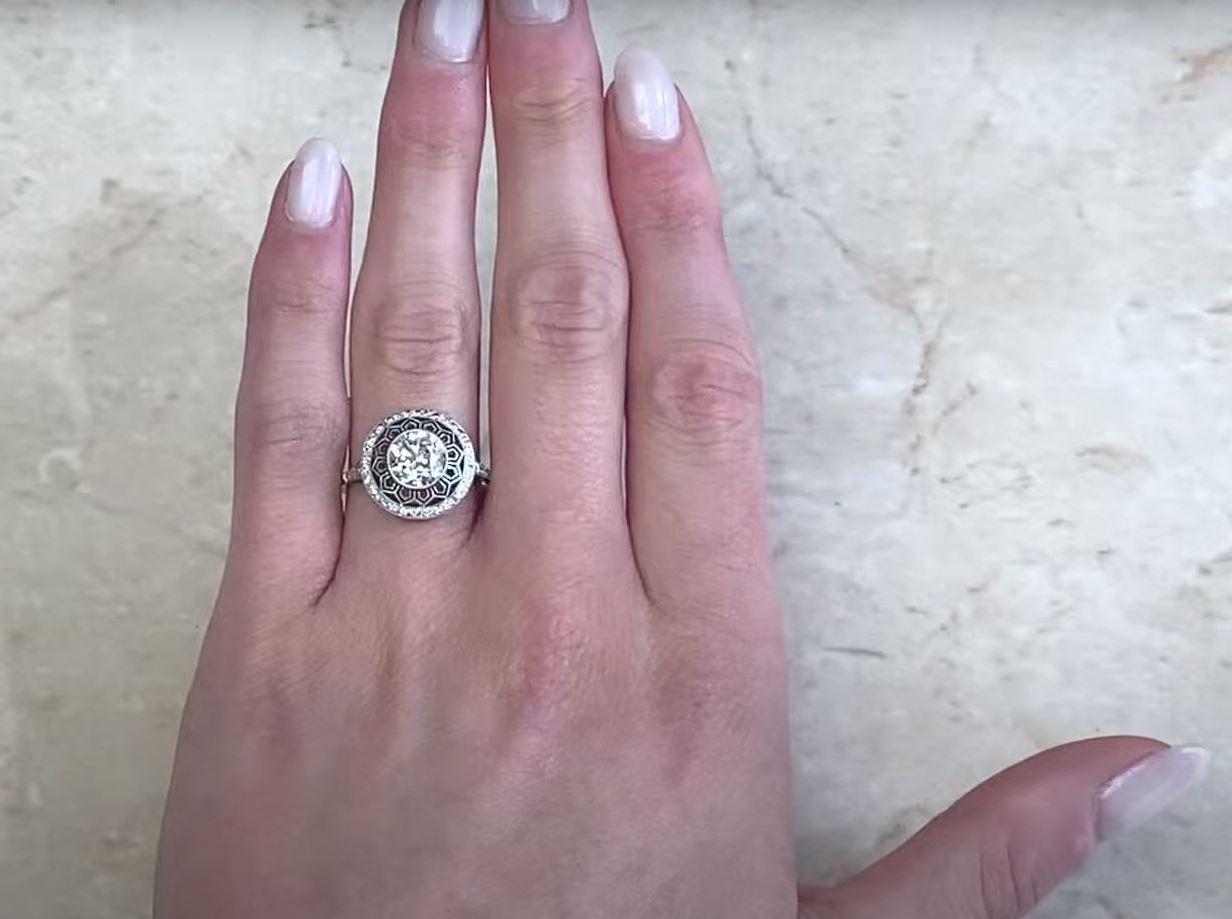 1.49 Carat Old Euro-Cut Diamond Engagement Ring, i Color, Diamond Halo, Platinum For Sale 4