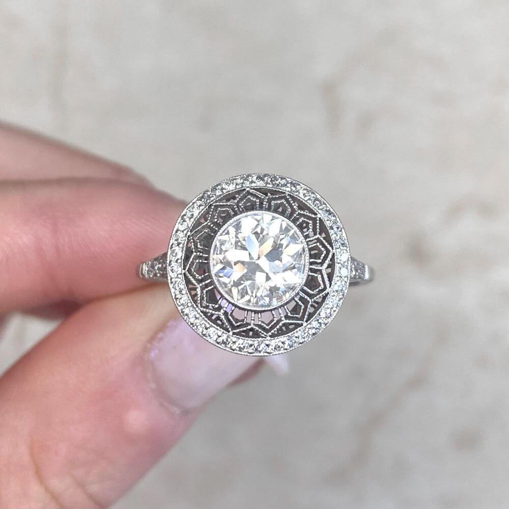 1.49 Carat Old Euro-Cut Diamond Engagement Ring, i Color, Diamond Halo, Platinum For Sale 5
