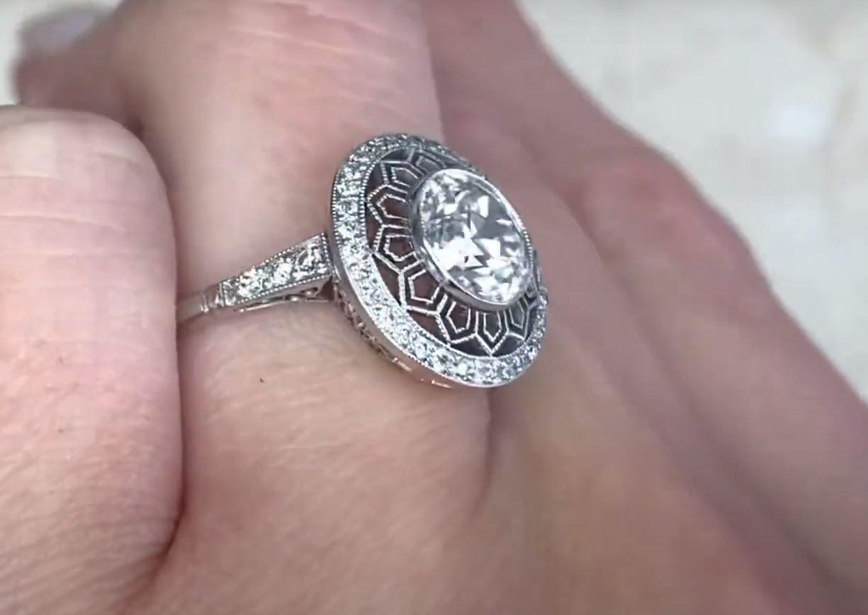 Women's 1.49 Carat Old Euro-Cut Diamond Engagement Ring, i Color, Diamond Halo, Platinum For Sale