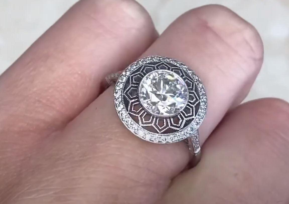 1.49 Carat Old Euro-Cut Diamond Engagement Ring, i Color, Diamond Halo, Platinum For Sale 1