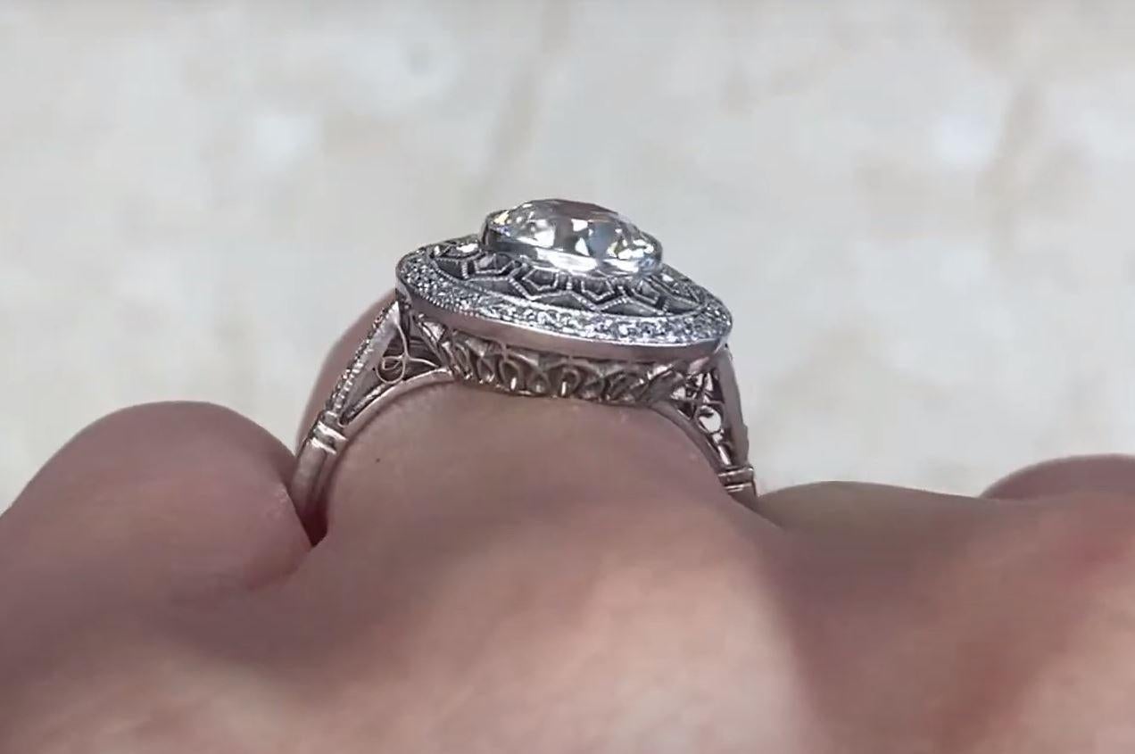 1.49 Carat Old Euro-Cut Diamond Engagement Ring, i Color, Diamond Halo, Platinum For Sale 2