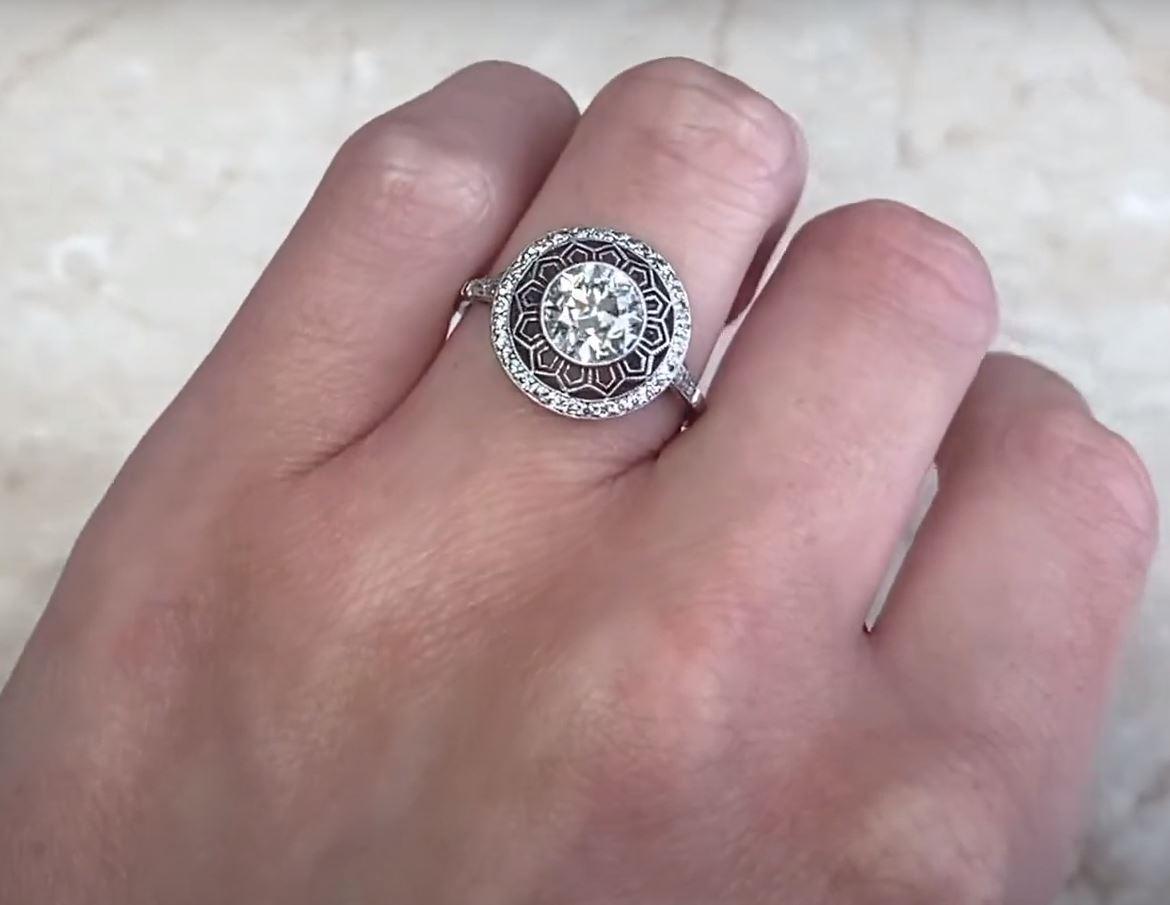 1.49 Carat Old Euro-Cut Diamond Engagement Ring, i Color, Diamond Halo, Platinum For Sale 3