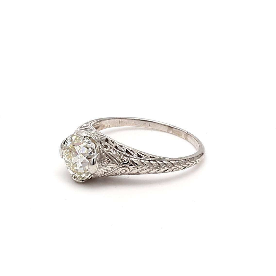 Bague Art déco en platine avec diamant taille européenne ancienne de 1,49 carat M SI1 en vente 2